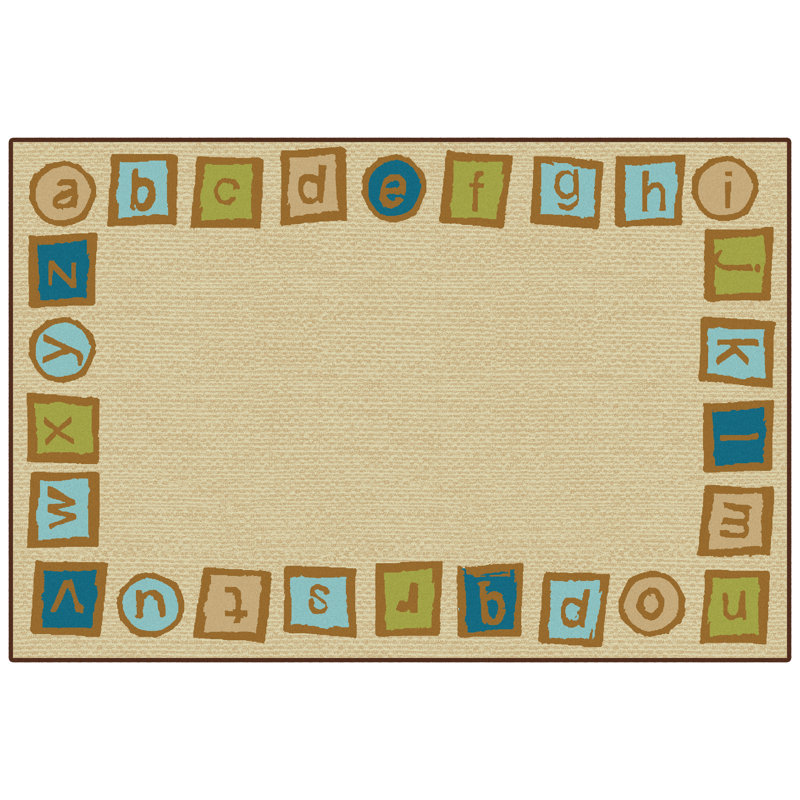 Tan Alphabet Blocks Border Washable Tufted Synthetic Kids Rug