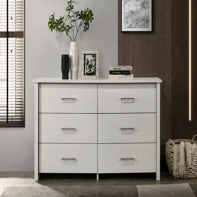 57"W White 6-Drawer Dresser With Silver Handles