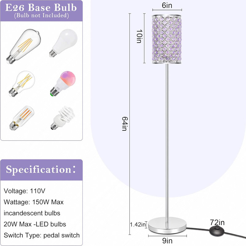 Crystal Floor Lamp For Bedroom, Floor Lamp With On/Off Foot Switch, Elegant Standing Light Tall Pole Lamp For Living Room, Dresser, Office (E26 Base)