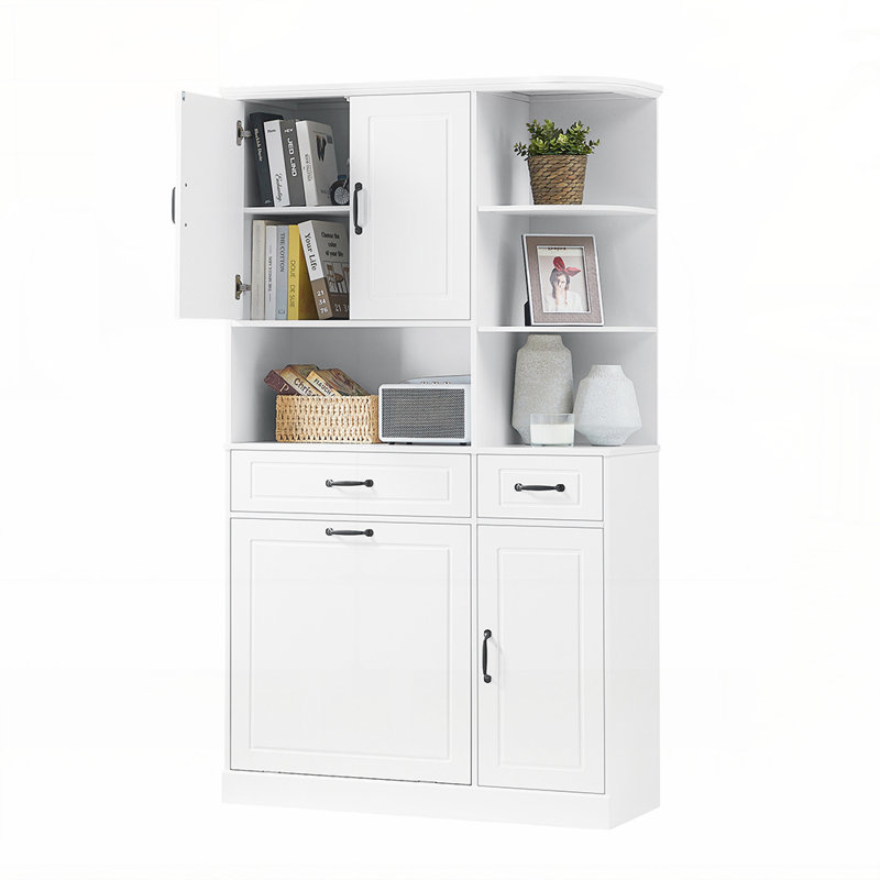 Grande armoire de rangement autoportante avec tablettes réglables, tiroir rabattable et plusieurs compartiments pour une organisation moderne
