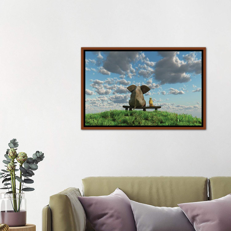 Éléphant et chien assis sur un pré - reproduction d'art, H 26 po x l 40 po x 1,5 po, Toile avec cadre en bois classique