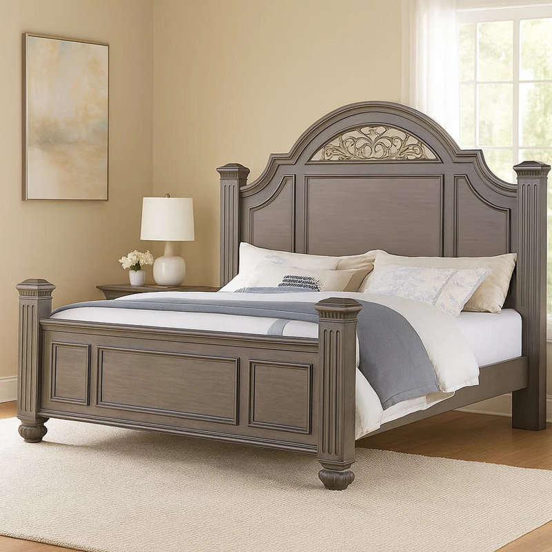 Recus California King Bed, Carved Floral Details, Arched Headboard, Gray, California King