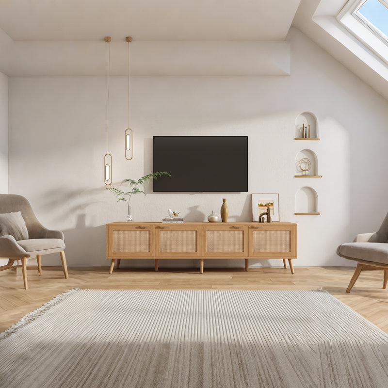 Meuble télé 70 po avec portes en rotin pour téléviseur de 80 po ou moins, console multimédia avec espace de rangement et trous pour câbles, centre de divertissement pour le salon