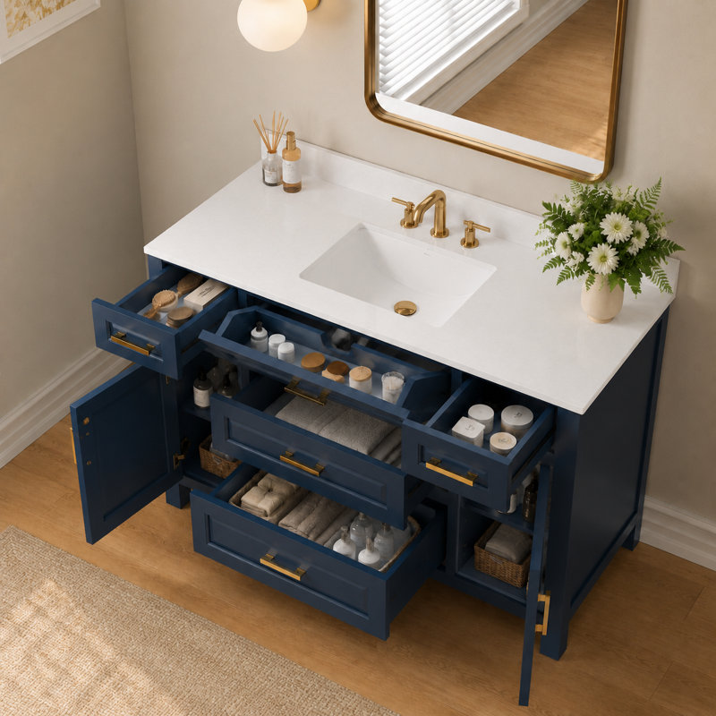 Ensemble de meuble-lavabo simple 48 po avec lavabo et dosseret en céramique 48 po, Doré, Bleu