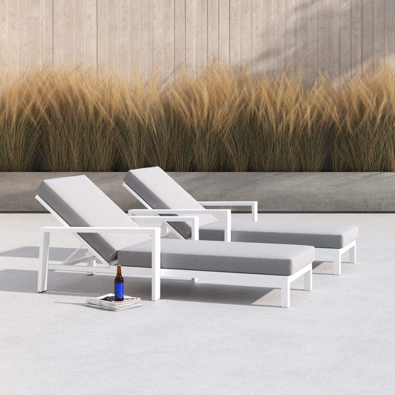Hoyt 35'' Outdoor Metal Chaise Lounge, Grayish Cushion/Snow White Frame