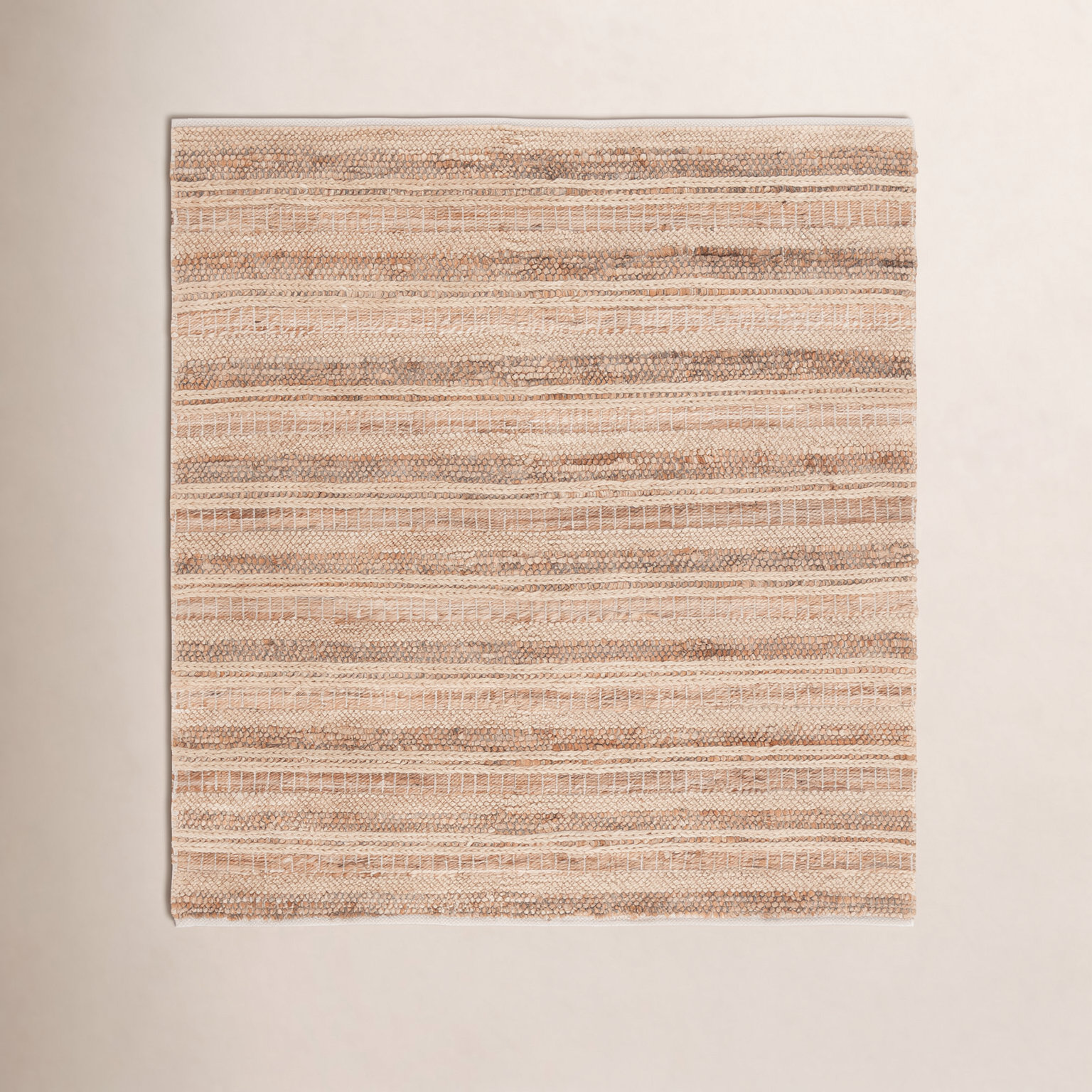 Brown Beige Hand-Woven Striped Wool Rug, Square 6'