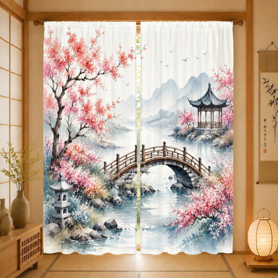 2Pcs Japanese Garden Curtains, Cherry Blossom Bridge and Pagoda Print, Light Filtering for Living Room, Bedroom, Balcony, Kitchen Home Decor