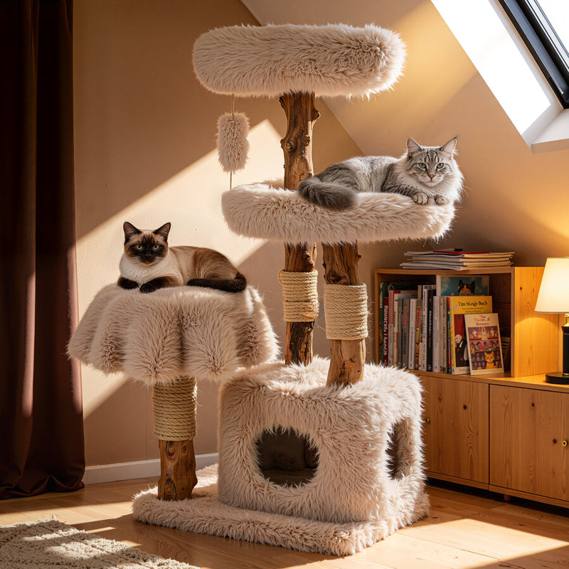 Artisan Solid Wood Cat Tree with Luxe Faux Fox Fur, Private Condo and Removable Cushions for Large Cats, 47.6" H