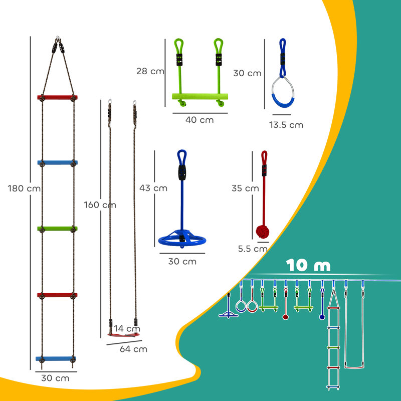 AIYAPLAY Zip Line Kit for Kids, Outdoor Obstacle Course, 10m, Multicoloured