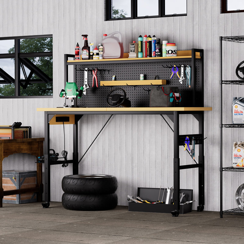 71''Adjustable Workbench With Pegboard, Heavy Duty Wooden Desktop Workbench With Wheels, 1600 Lb. Load Capacity, Rolling Workbench With AC/USB Outlet, Hooks, Shelf, For Garage, Workshop, Office, Home.