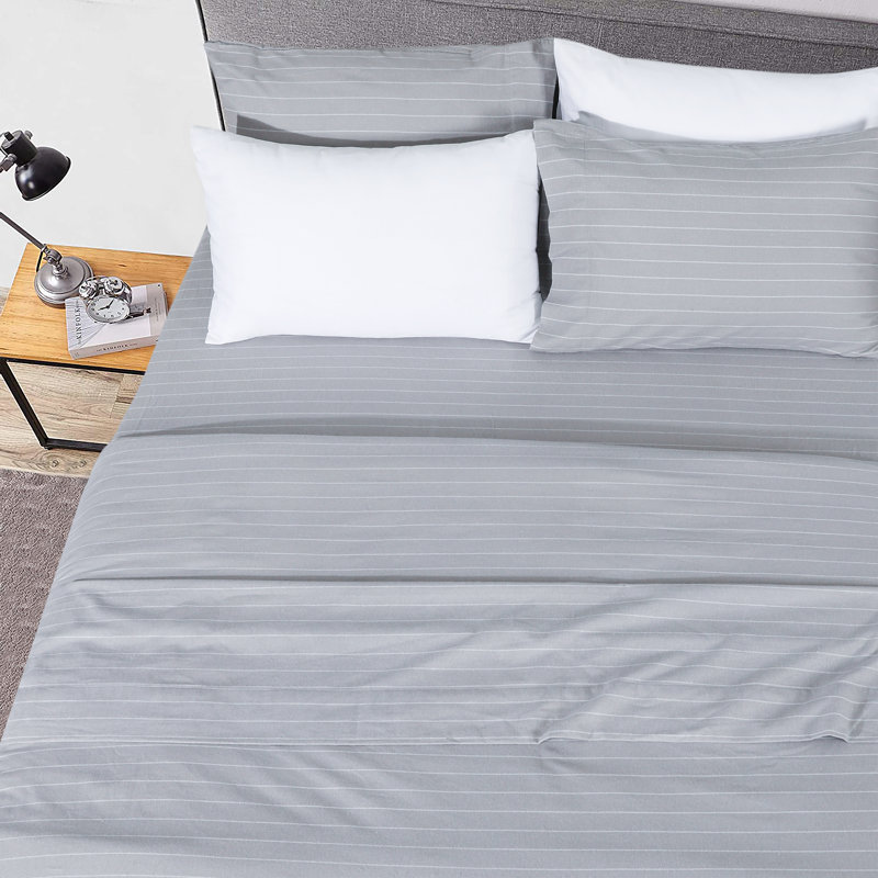 Ensemble de literie en flanelle 100 % coton, Ensemble de draps pour lit simple avec un drap-hou, Rayures fines grises
