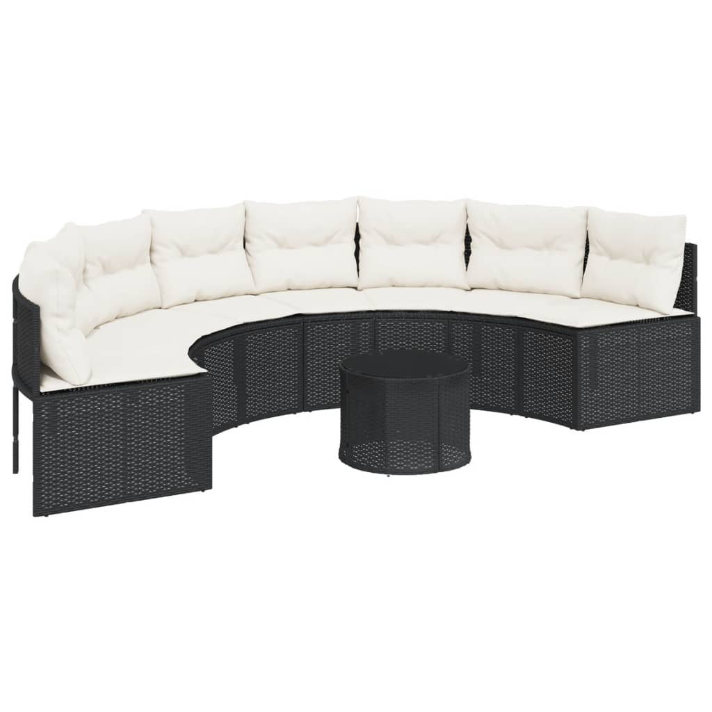 Vidaxl Gartensofa Mit Tisch Und Kissen Halbrund Schwarz Poly-Rattan