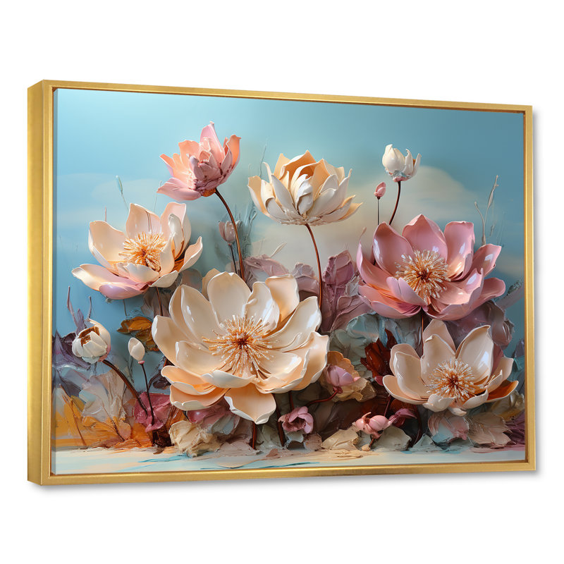 Fleur de lotus rose moderne - impression, Cadre flottant doré, H 34 po x l 44 po x P 1,5 po