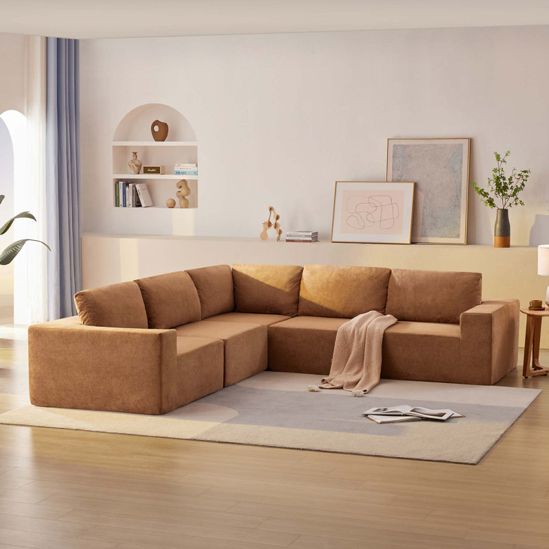 Kamiran Boneless Modular L-Shaped Sectional Sofa, Sleeper Sofa Bed 5 PC Free Combination, Brown Terry Cloth