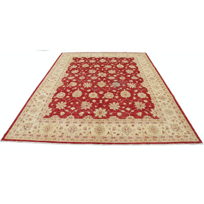 Tapis turc en laine noué à la main 8 x 10,3 pi avec fond rouge et bordure ivoire