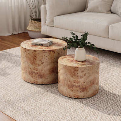 Nesting Coffee Table Set Of 2, Modern Round Coffee Table, Wooden Circle Accent Tables For Small Spaces Living Room Bedroom Balcony Office Drum Side Table, Natural Burl