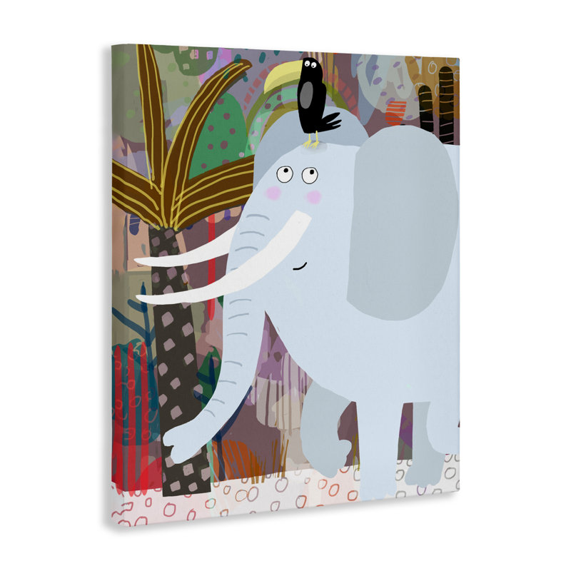 Éléphant et toucan dans une toile de la jungle, design par Carla Daly, H 20 po x l 16 po