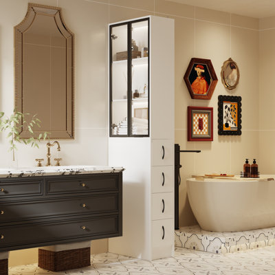 Two Door Four Drawer Corner Bathroom Storage Cabinet With Aluminum Frame And Tempered Glass Doors