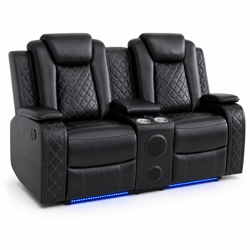 Causeuse inclinable électrique en similicuir de 73,5 po avec haut-parleurs Bluetooth, lumières DEL et console centrale