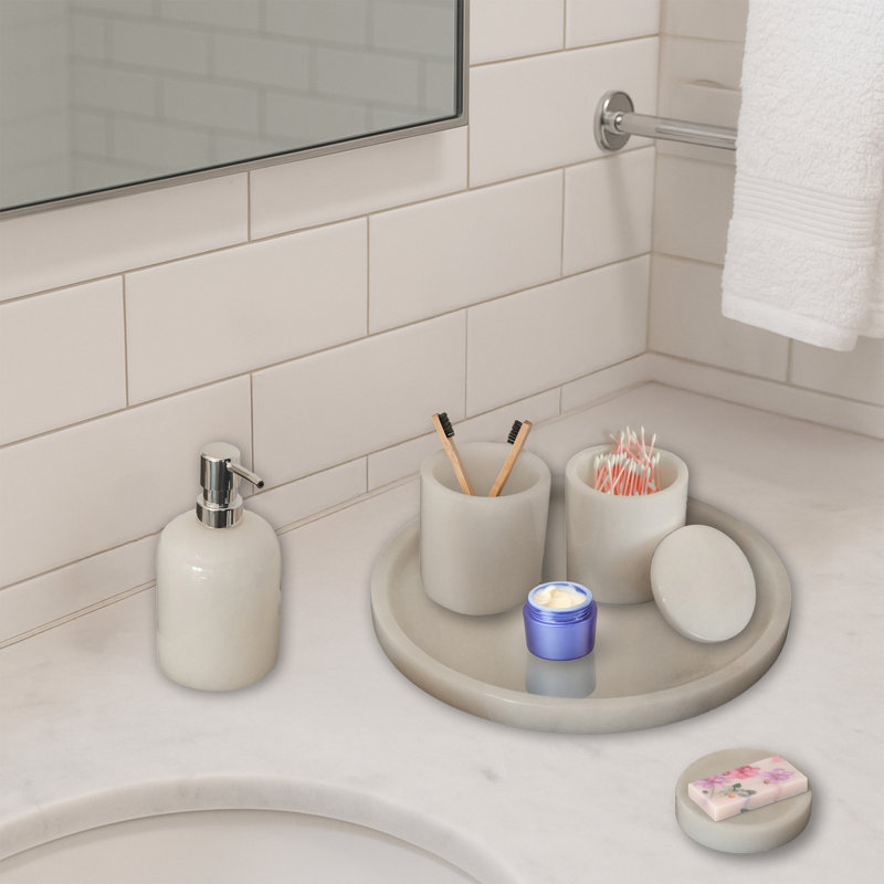 5 pièces ensemble de salle de bain 100% marbre Distributeur de savon Porte-savon Brosse à dents et plateau de coiffeuse Cotton Swab