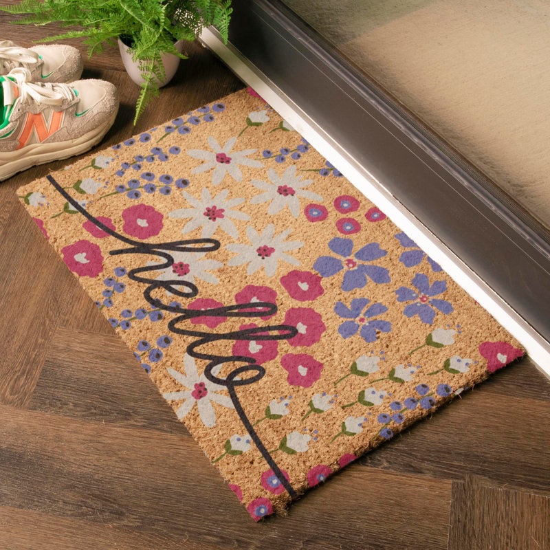 Hello Scribbly Floral Coir Doormat, Brown, 40cm W x 60cm L