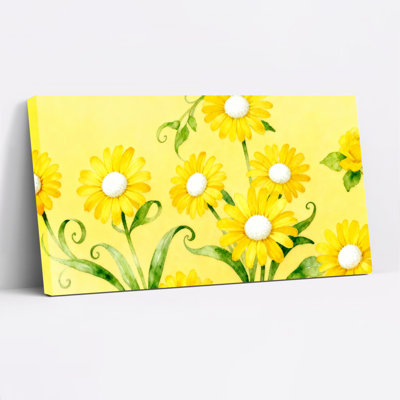 Yellow Daisy Floral Pattern Canvas Wrapped Wall Art Oil Painting Print Set Of 1