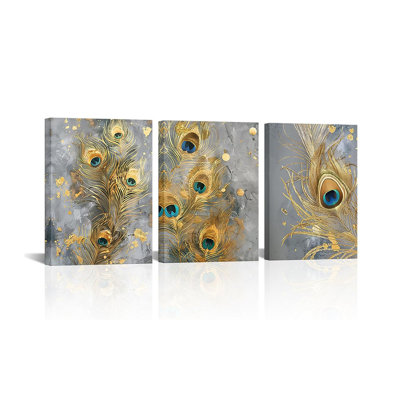 3 pièces, art mural sur toile plume rétro, impression de plumes de paon grises et dorées, décorations abstraites pour cuisine, salon, décoration