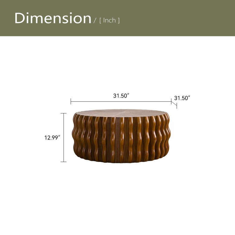 Table basse ronde ronde à cannelures Drum, tables basses centrales Mid-Century avec piédestal robuste