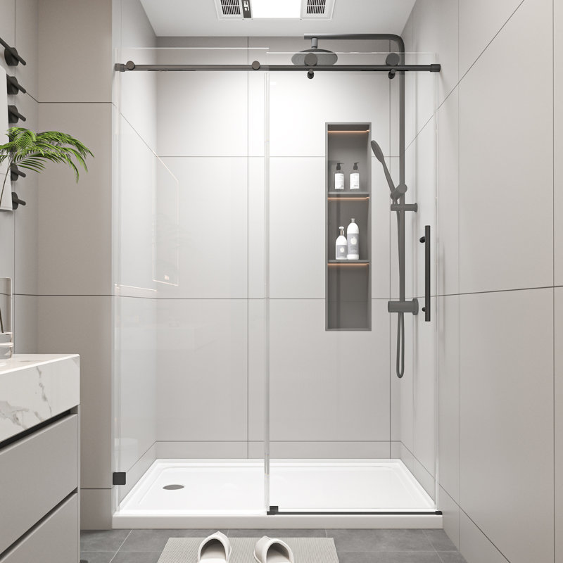 Portes de douche coulissantes simples sans cadre à fermeture en douceur l 50 à 54 po x H 76 po, verre trempé de 5 à 16 po d'épaisseur, quincaillerie en acier inoxydable