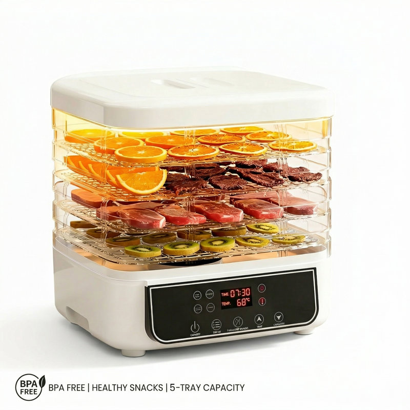 Déshydrateur d'aliments à grande capacité à 5 couches, séchage à l'air chaud à 360 ° avec contrôle précis de la température, minuterie 72H et 4 préréglages pour les fruits, la viande et les collations pour animaux de compagnie - idéal pour la maison, le camping et le camping-car