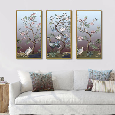 Chinoiserie avec oiseaux et pivoines - peinture sur toile 3 pièces