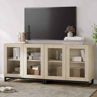 Modern TV Stand With Glass Doors For 70 Inch Tvs, 2 In 1 Entertainment Center Console With Adjustable Shelves And Metal Base For Living Room, Bedroom