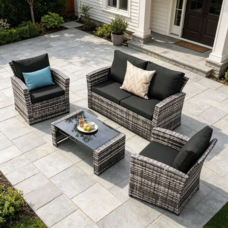 Ensemble de conversation pour patio 4 personnes avec coussins, Noir