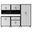 Ensemble de rangement pour garage 5 pièces : armoires métalliques à roulettes, 2 armoires murales, 2 armoires à roulettes, 1 armoire à panneaux perforés et 1 coffre à outils verrouillable.