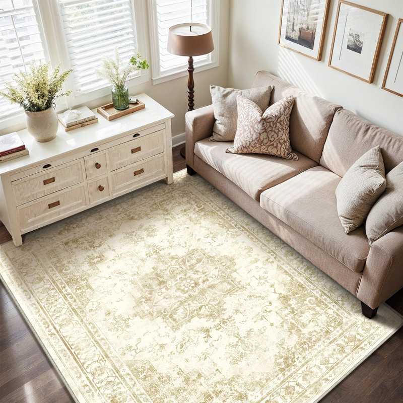 Marnia Machine Washable Oriental Beige Area Rug, Rectangle 3' x 5', Beige