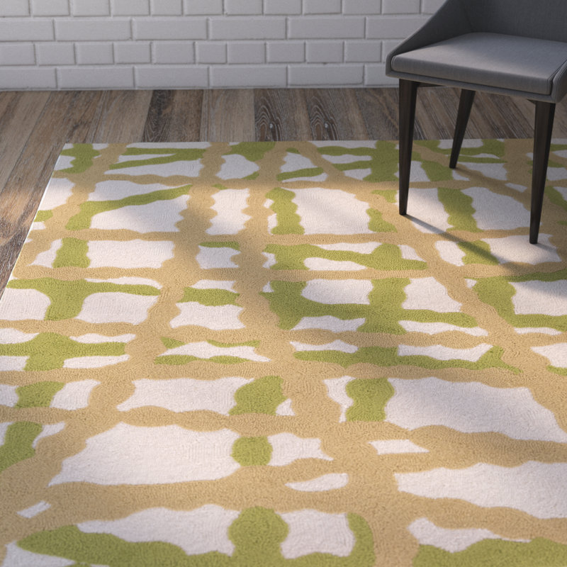 Tapis décoratif à motif abstrait de couleur lime / brun clair / beige intérieur / extérieur crocheté à la main Belisle