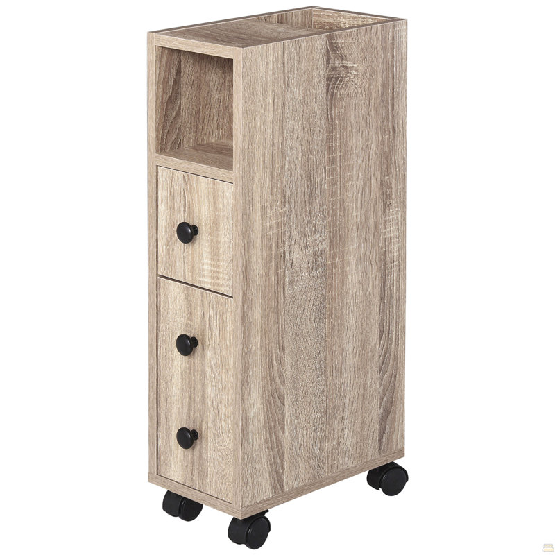 Armoire de salle de bain autoportante compacte avec 2 armoires ouvertes, 1 armoire à portes, 1 tiroir et 4 roulettes, couleur grain de chêne
