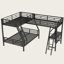Lit superposé simple au-dessus de L en forme de lit simple avec bureau, structure en métal, garde-corps pleine longueur, lit triple peu encombrant, noir