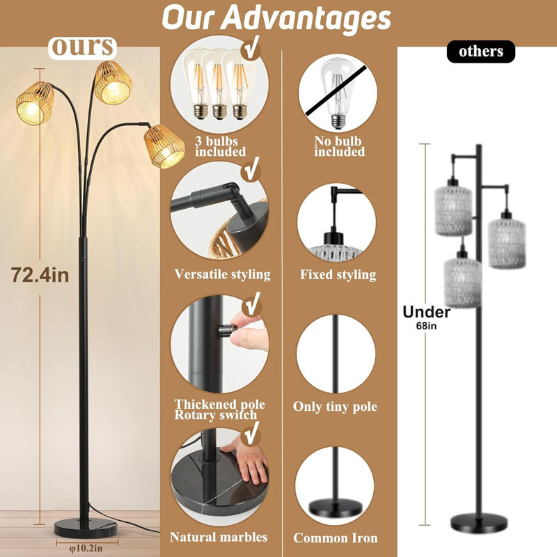 72" Rattan Arc Floor Lamp With Rotary Switch, Adjustable 3-Light Coastal/Boho/Farmhouse Style