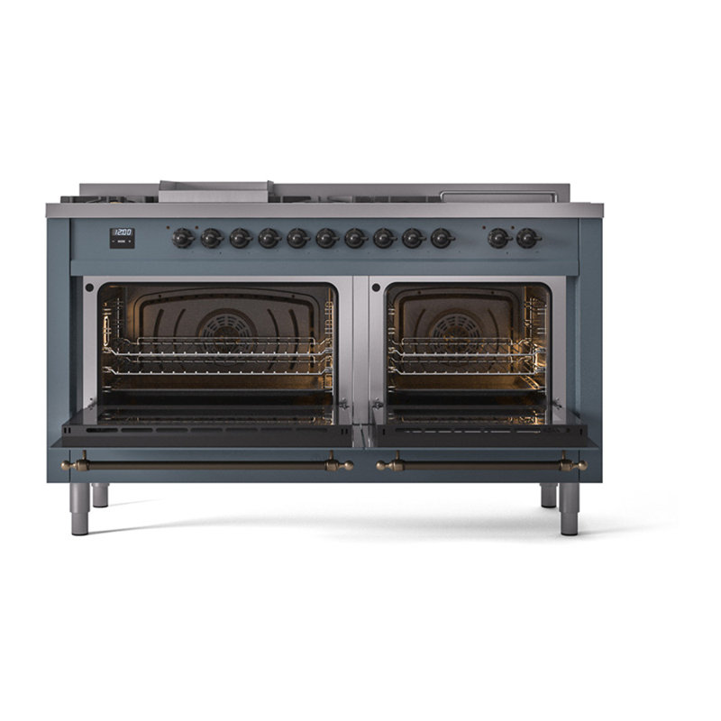 ILVE Nostalgie II Noblesse 60 in Dual Fuel Range 7 Burner, Griddle, Frenchtop, Blue Gray/Burnished, Natural Gas