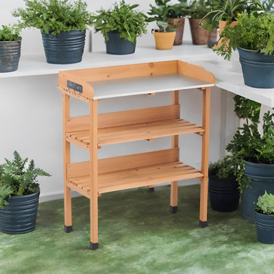 30.5L 14.6W 35.5H Brown Potting Table, 3 - Tier Solid Wood Work Bench With Metal Top, Outdoor Use In Garden And Garage, Featuring Hooks Adjustable Feet For Ease Of 30X14.535.5 Layer Table Tabletop,