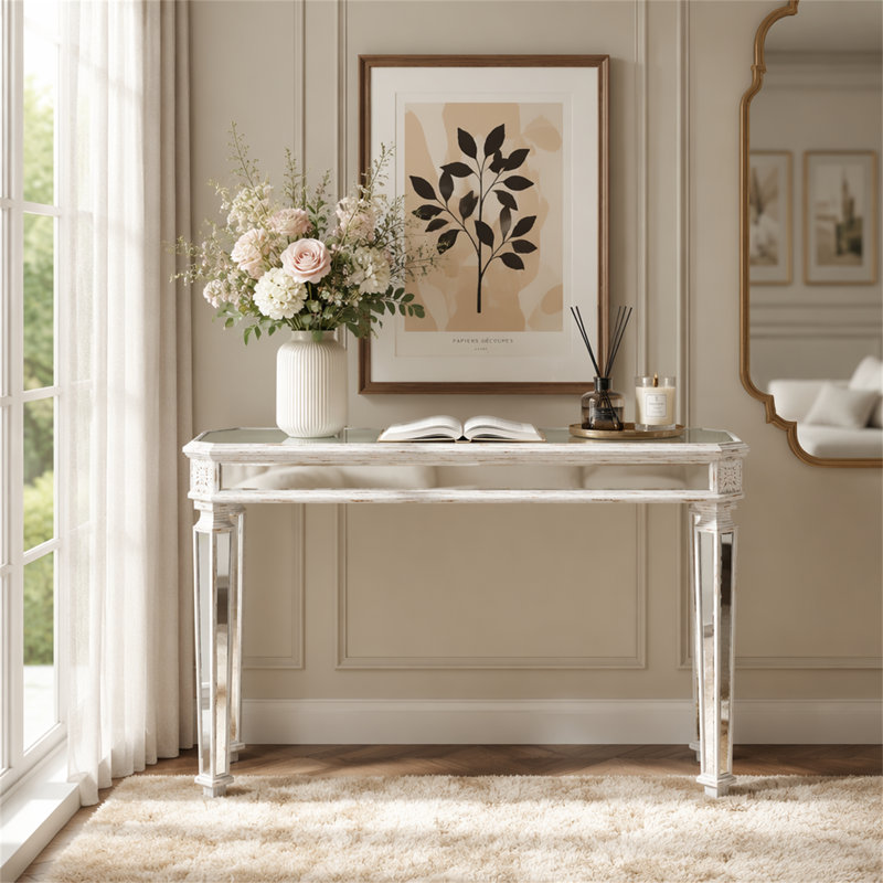 Miroir console rétro en grain de bois, H 32,7 po x l 48 po x P 13,78 po, Argent / chêne + argent, Chêne + argent