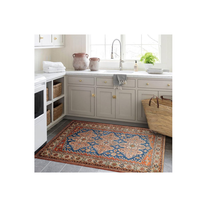Tapis orange lavable à la machine à motif tissé orange et bleu, Rectangle 3 pi 3 po x 4 pi 11 po