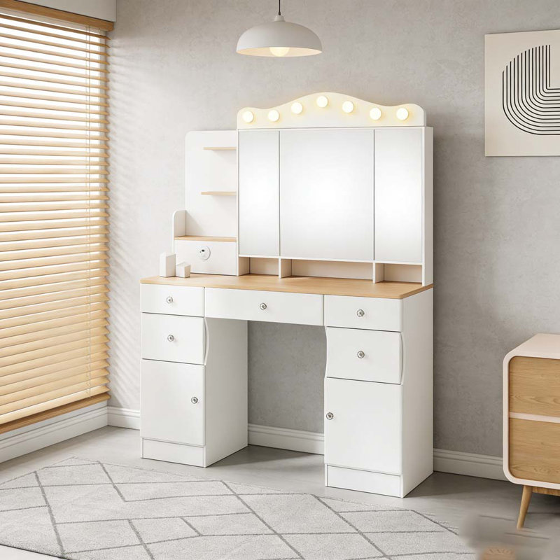 Vanity Desk with Mirror and Lights,Makeup Vanity with 2 USB Power Strip, Vanity Set with Three Drawers and Two Cabinet