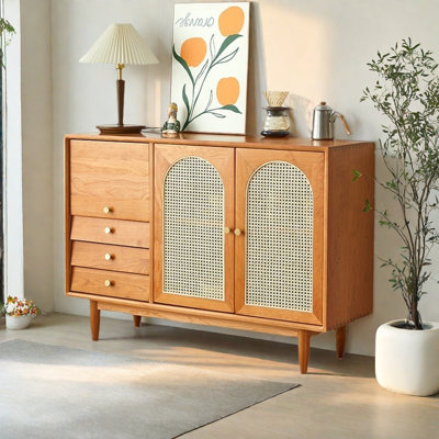 Modern Versatile Cherry Wood Rattan Sideboard