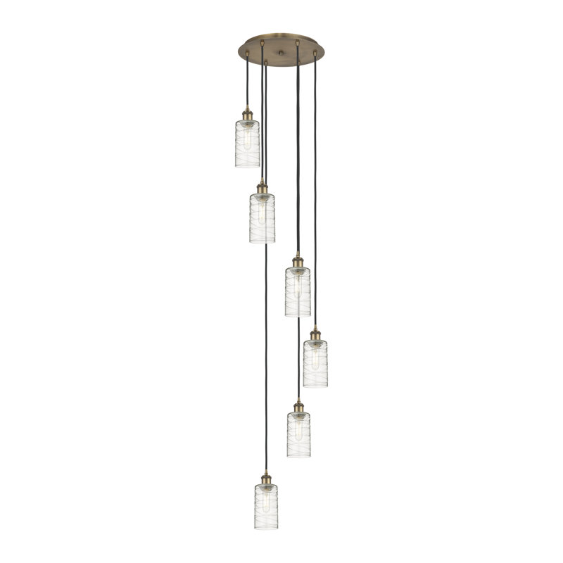 Caius - Luminaire suspendu 6 lumières à cordon, Laiton brossé, Tourbillon déco, H 132,88 po x l 15,75 po