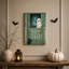 Art mural sur toile Halloween fantôme blanc et chat noir sur fond bleu sarcelle-1896230429