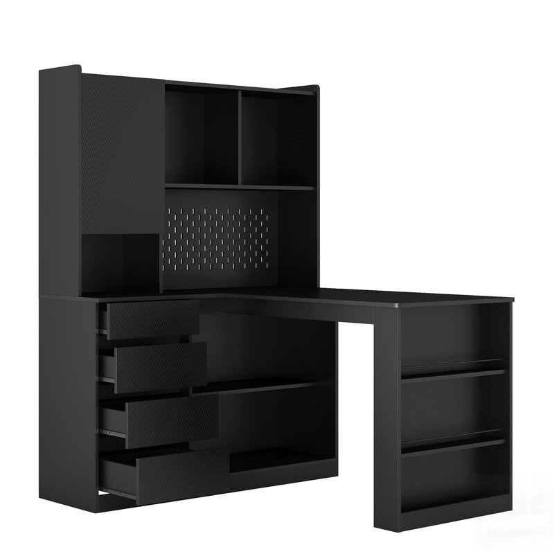 Bureau en L avec tiroirs, bibliothèque, lumière DEL, conception d'angle moderne pour le bureau à domicile et les jeux, Noir