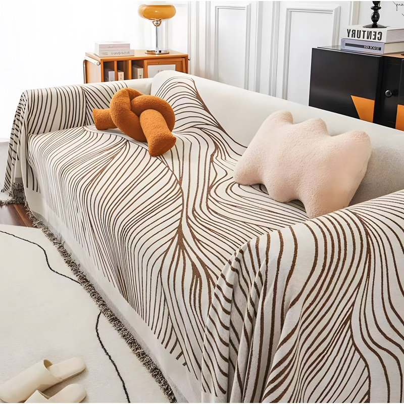 Housse de canapé douce et durable en chenille rayée, moderne, polyvalente, Brun