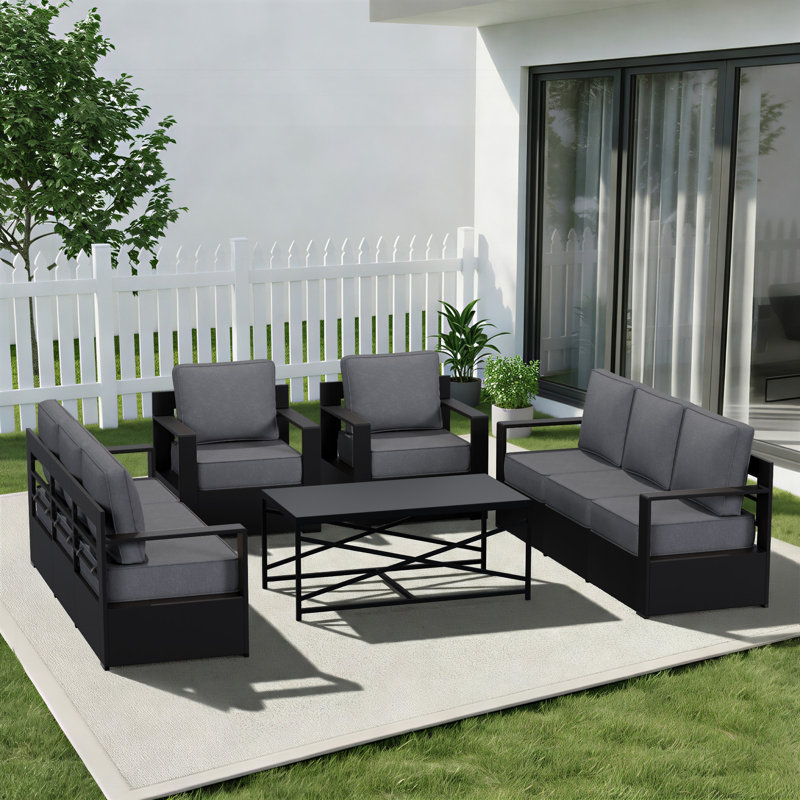Ensemble de canapés d'extérieur modernes en aluminium pour 8 personnes Abdullah, 2 fauteuils et coussins gris, Gris